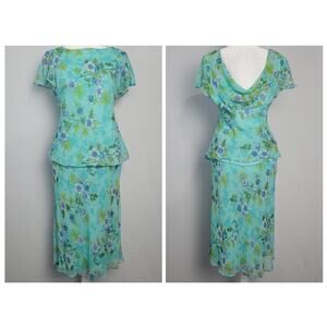 Vintage silk 2 pc floral skirt set size 10P blue sequined fairy Y2K whimsical